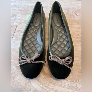 Birdies Olive Velvet Flats with Bow Accent